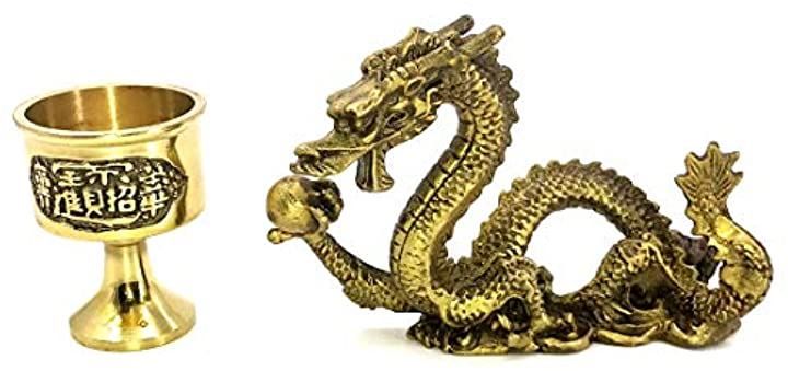 AW-Net 風水 グッズ 龍の置物 龍神 銅製 水杯 竜 玄関 金運 龍と水杯セット(小)
