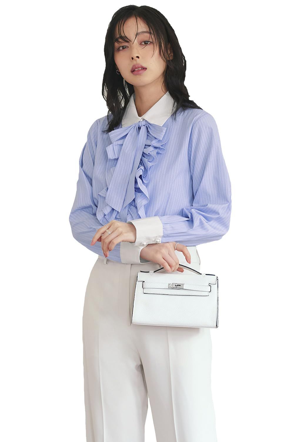 Size LL_Color サックス BUZ ルイ ルエ ブティック デザイン パール ボタン ストライプ フリル シャツ レディース ミセス ママ 大人 トップス ブラウス カジュアル 長袖 大きいサイズ ドレスシャツ 大きいサイズ 通勤 お出かけ お