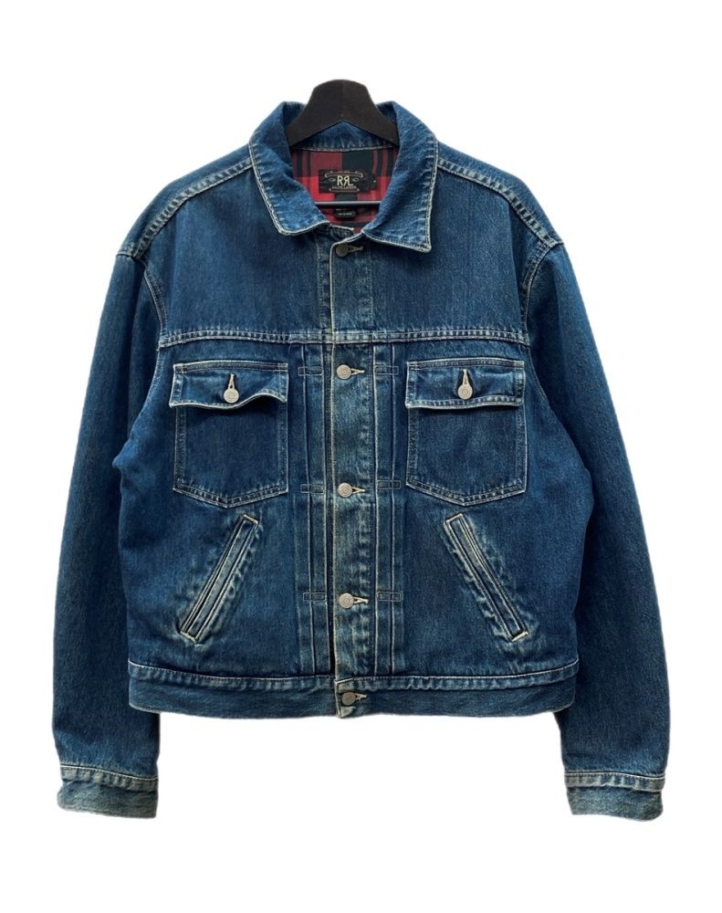 ダブルアールエル RRL 90s 2nd TYPE DENIM JACKET デニム ジャケット Gジャン 裏地チェック 三ツ星タグ Ralph Lauren 青 ジャケット 無地 ブルー Lサイズ 104MT-1441