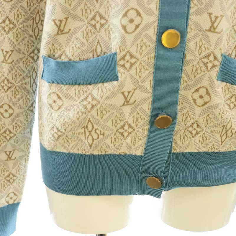 ルイヴィトン LOUIS VUITTON 22SS モノグラム・コントラストトリム カーディガン ニット 長袖 Vネック S グレー ベージュ 水色 ルイヴィトン LOUIS VUITTON 22SS モノグラム・コントラスト