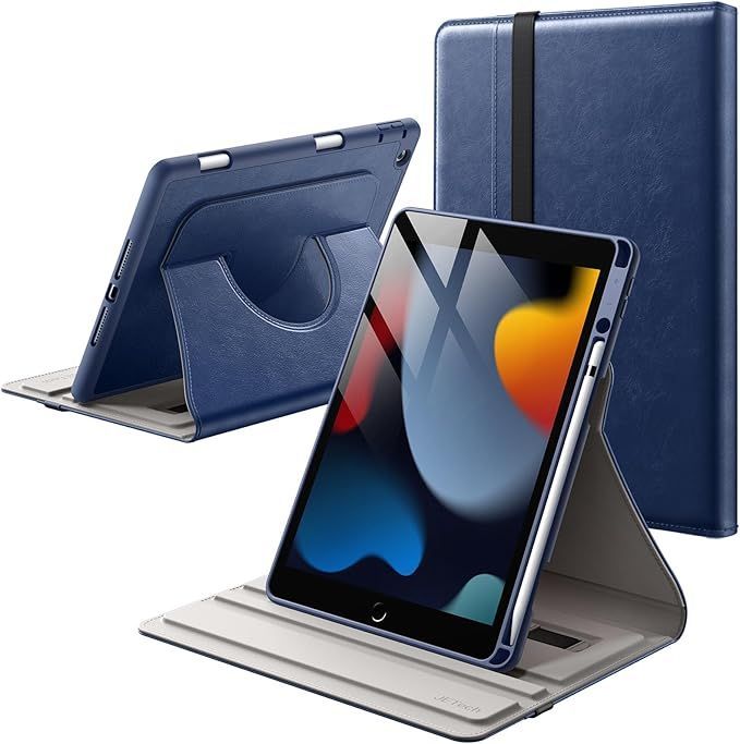  【在庫処分】JEDirect 回転ケース iPad 9/8/7用 (10.2インチ、2021/2020/2019モデル、第9/8/7世代) Pencilホルダー付き 360°回転 PUレザー フォリオ保護カバー (紺) 応募券