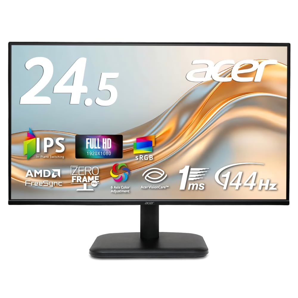 Acer 24.5インチ IPS 144Hz 1ms VRB 非光沢 sRGB 99% AMD FreeSync ブルーライト低減 ゼロフレームプロ HDMI 1.4 ミニD-Sub 15ピン スピーカー ヘッドフォン端子 6軸カラー調整 スタンダード