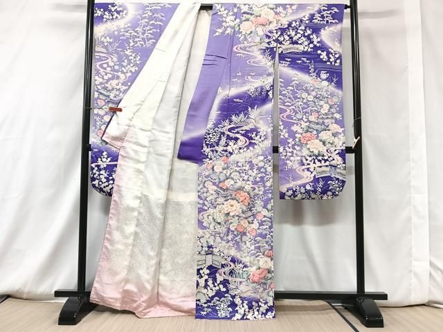 豪華振袖　駒刺繍　流水舞鳥文　暈し染め　金彩　着丈168cm　正絹　逸品 平和屋着物□豪華振袖 駒刺繍 流水草花文 暈し染め 金銀糸 正絹
