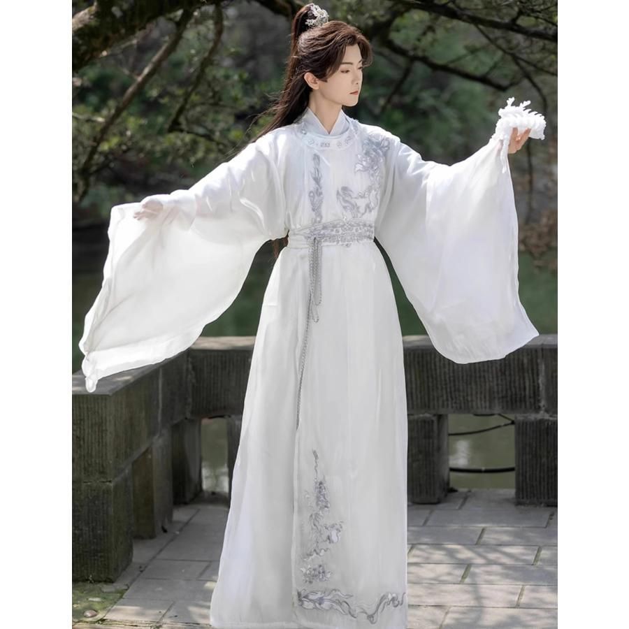 白 漢服 4点セット メンズ 刺繍 チャイナ服 唐時代 丸襟 チャイナ服 振袖 ロングブラウス ベルト付き 中国古代服装 おしゃれ 男性 女性 男