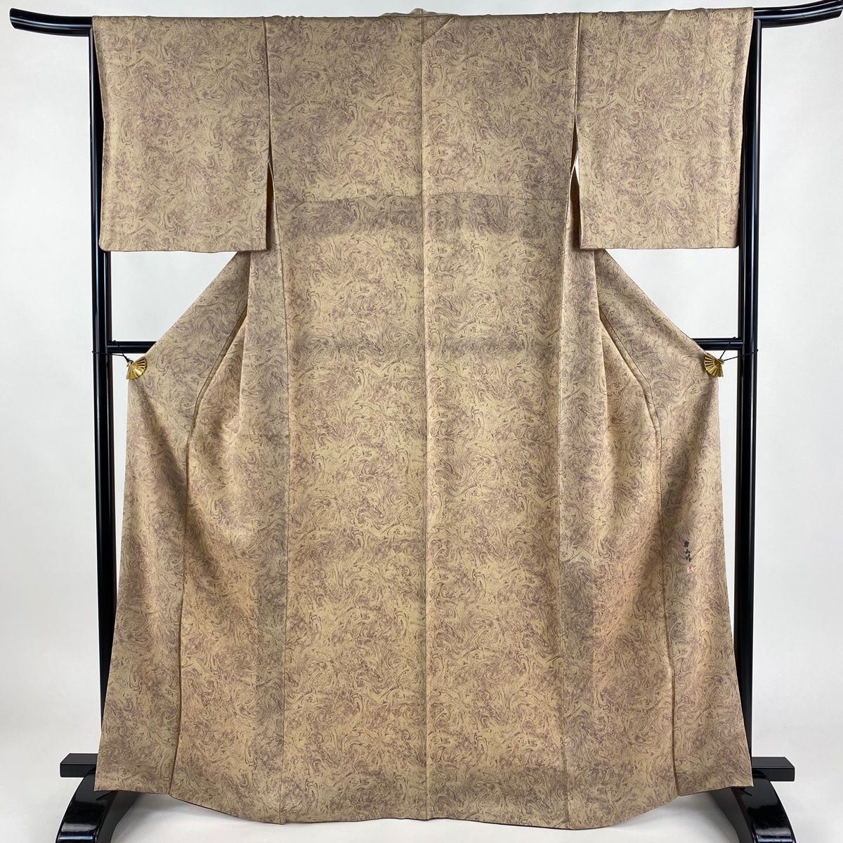 小紋 身丈167cm 裄丈65.5cm M 袷 落款 墨流し ベージュ 正絹 名品