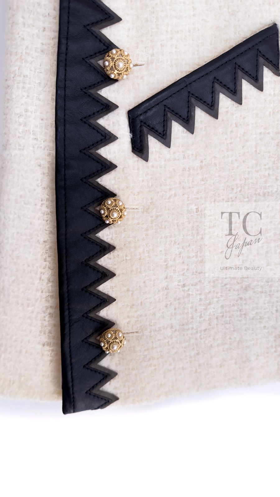 シャネル スカート CHANEL アイボリー ウール モヘア レザートリム  