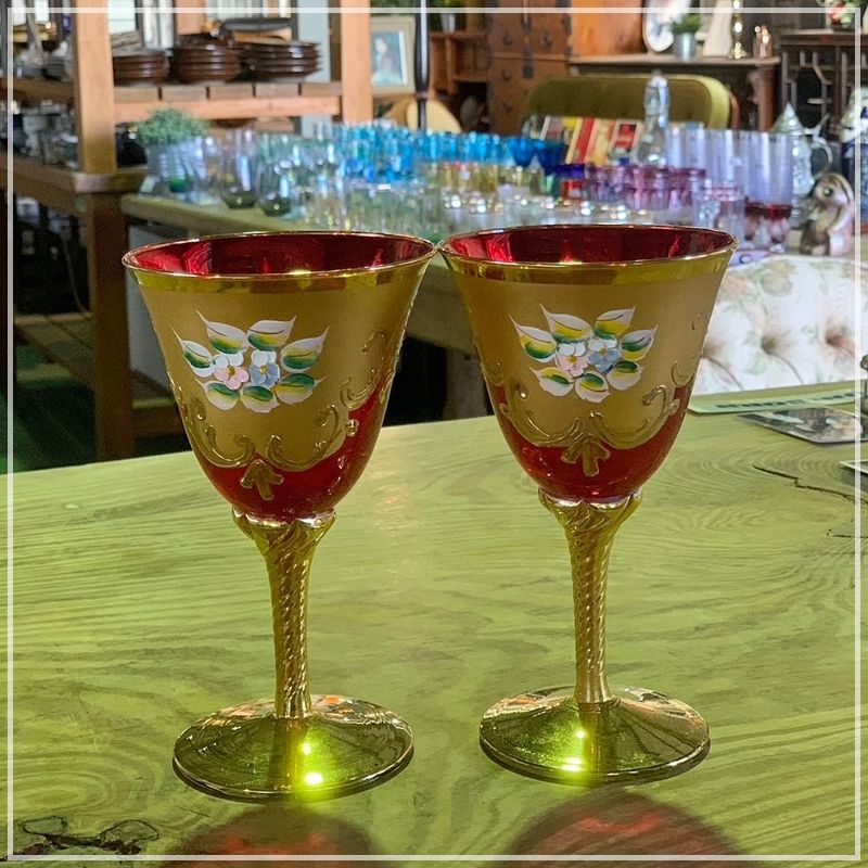 ベネチアングラス ワイングラス 金彩 2客 ビンテージ - 食器
