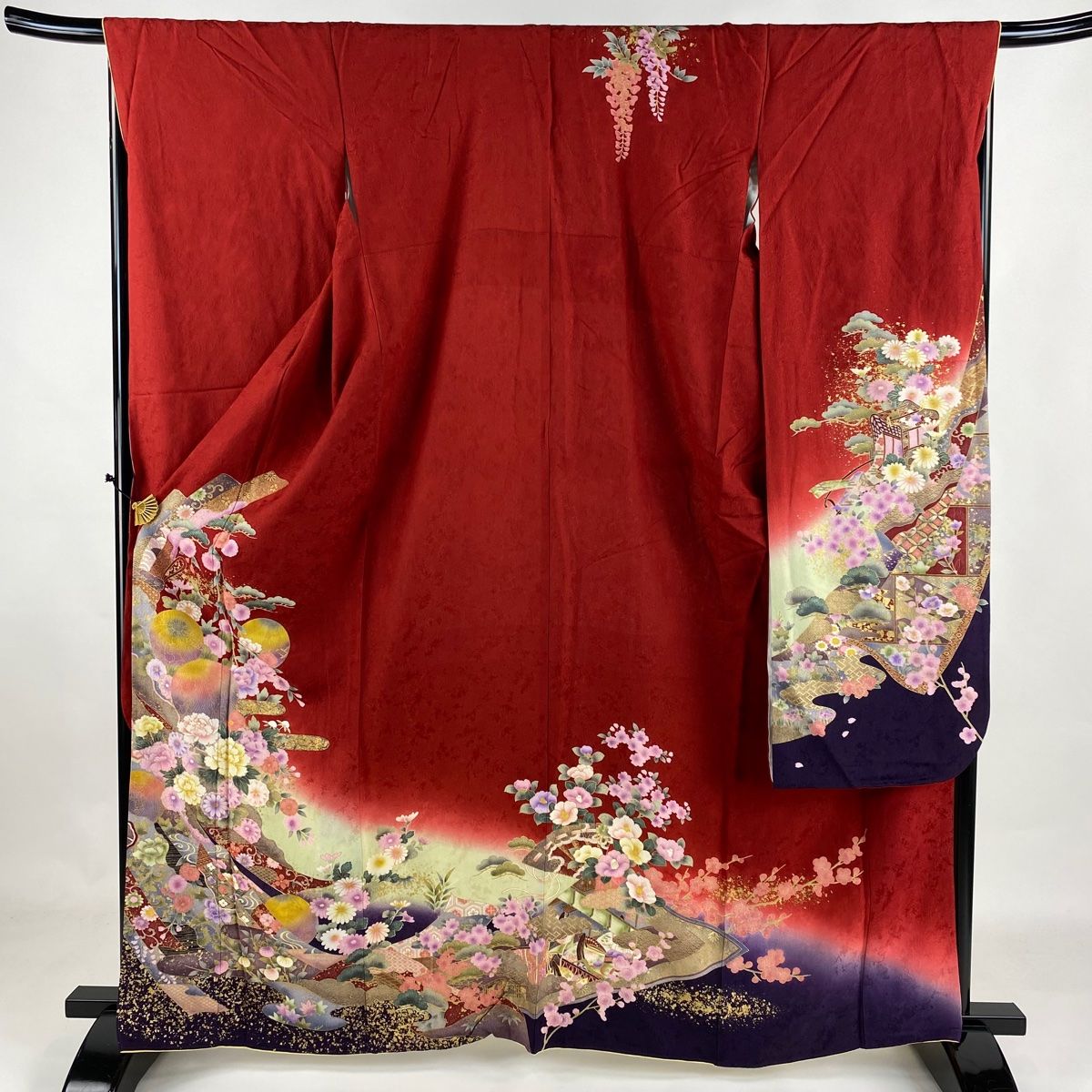 振袖 ⭐️身丈174.5cm L 袷 蝶 薔薇 金彩 赤 正絹 秀品 【中古