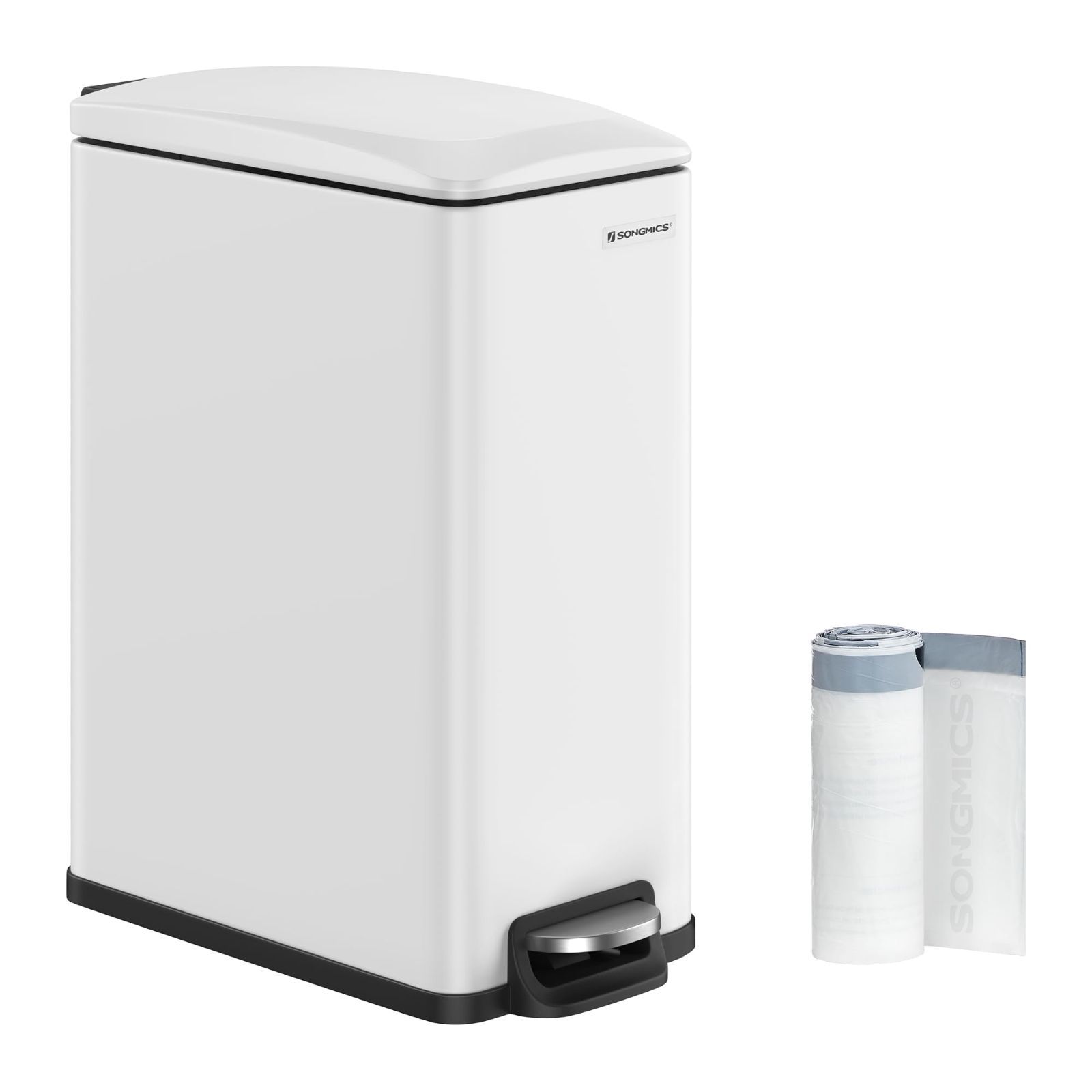 LTB510W48 ホワイト ゴミ袋付き キッチン|リビング用 においが漏れない ステンレス製 スリム 48L大容量 ペダル式ダストボックス ふた付き ゴミ箱 SONGMICS