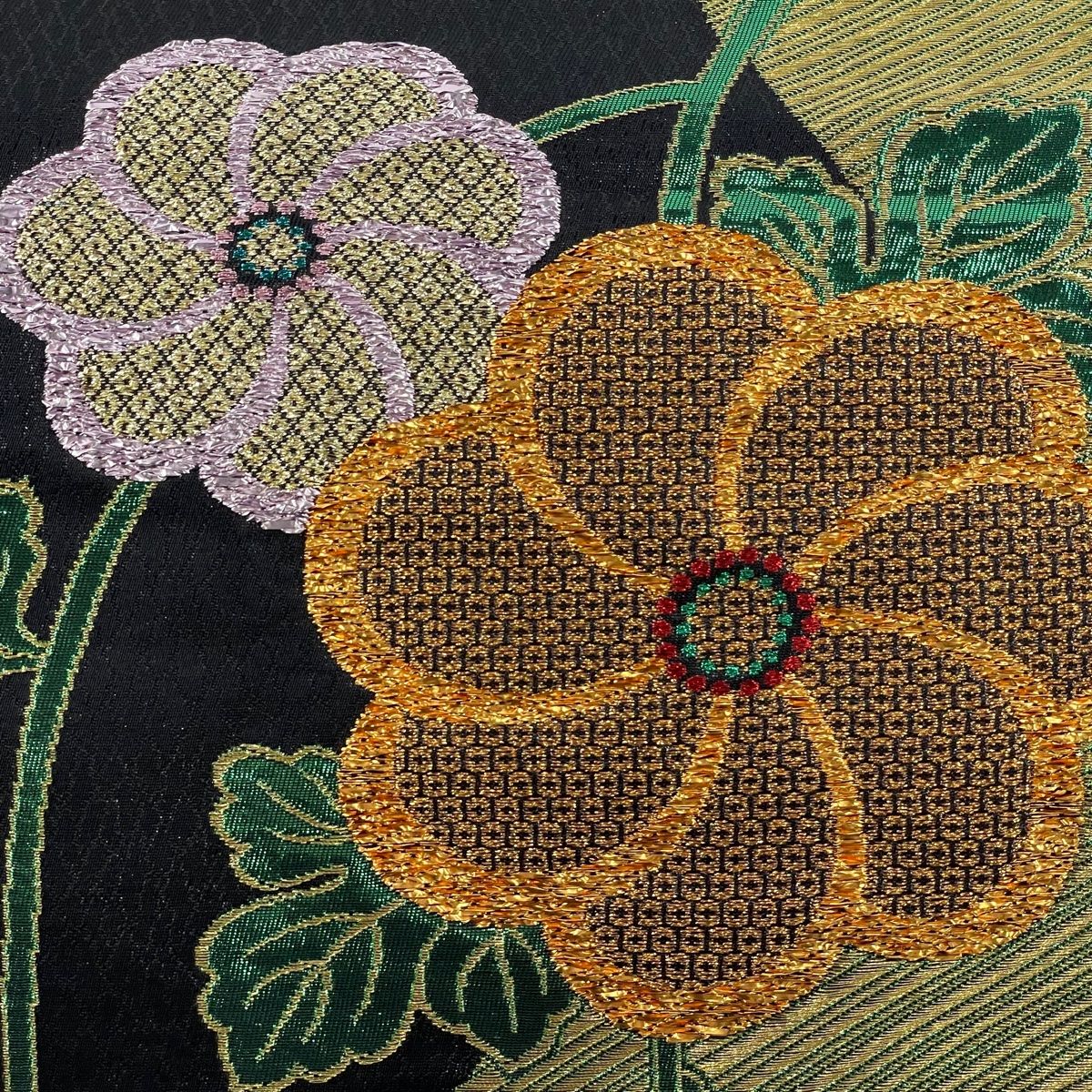 袋帯 美品 秀品 草花 蔦 金糸 ラメ糸 赤紫 六通 正絹 【中古】