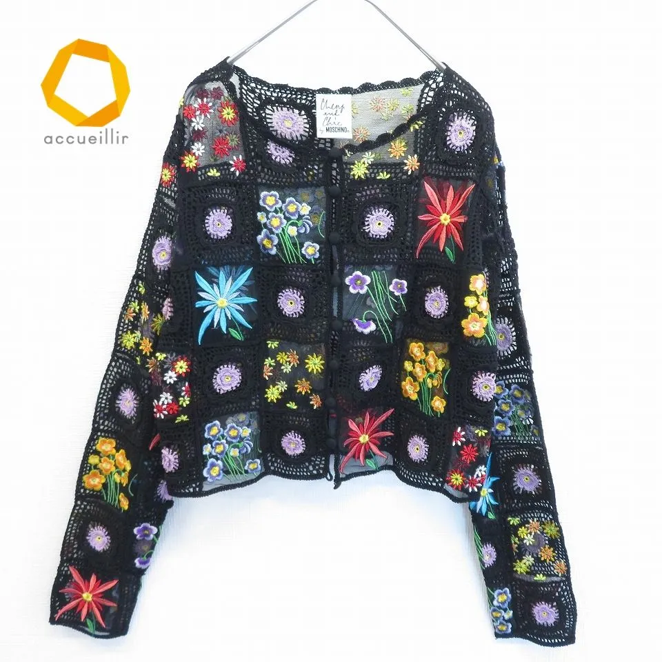 モスキーノ MOSCHINO ジャケット 花柄 刺繍 黒 ブラック 44 モスキーノ 