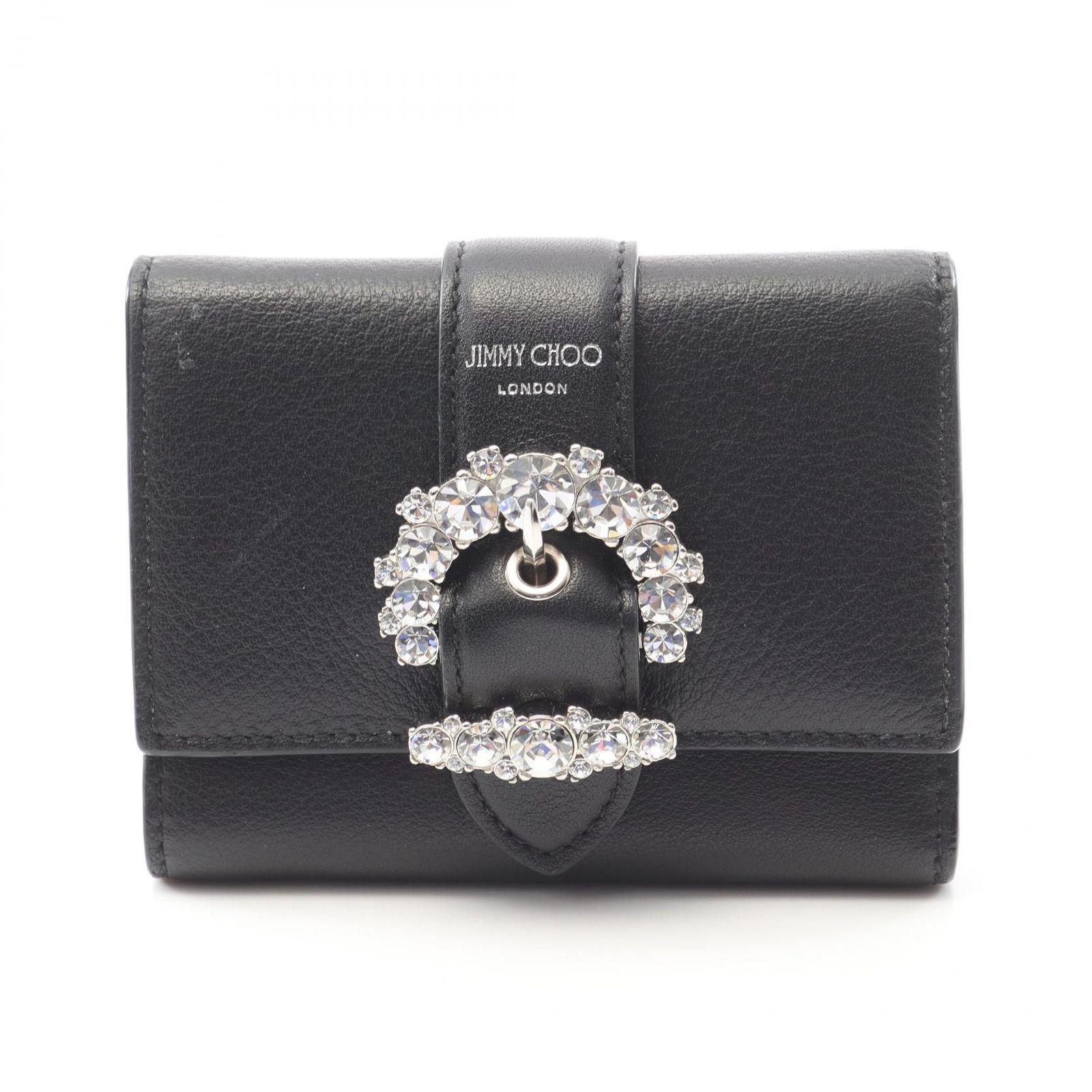 ジミーチュウ JIMMY CHOO 三つ折り財布 CHERI クリスタル ブラック レザー CheriWallet 二つ折り財布 レディース Used A