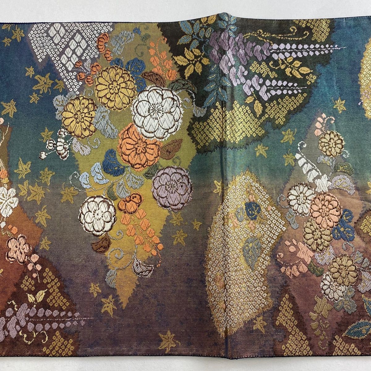 袋帯 美品 秀品 辻が花柄 扇面 刺繍 箔 藍色 六通 正絹 【中古