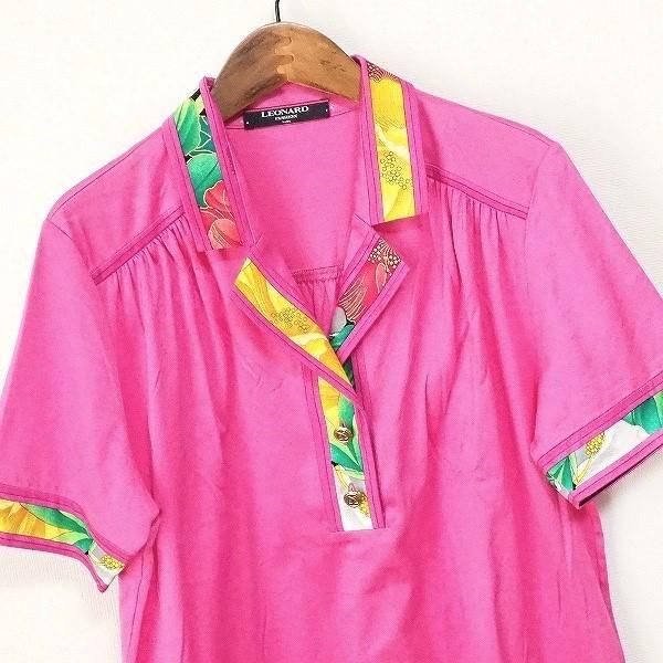 sxc レオナール LEONARD ポロシャツ M ピンク 半袖 花柄 金ボタン