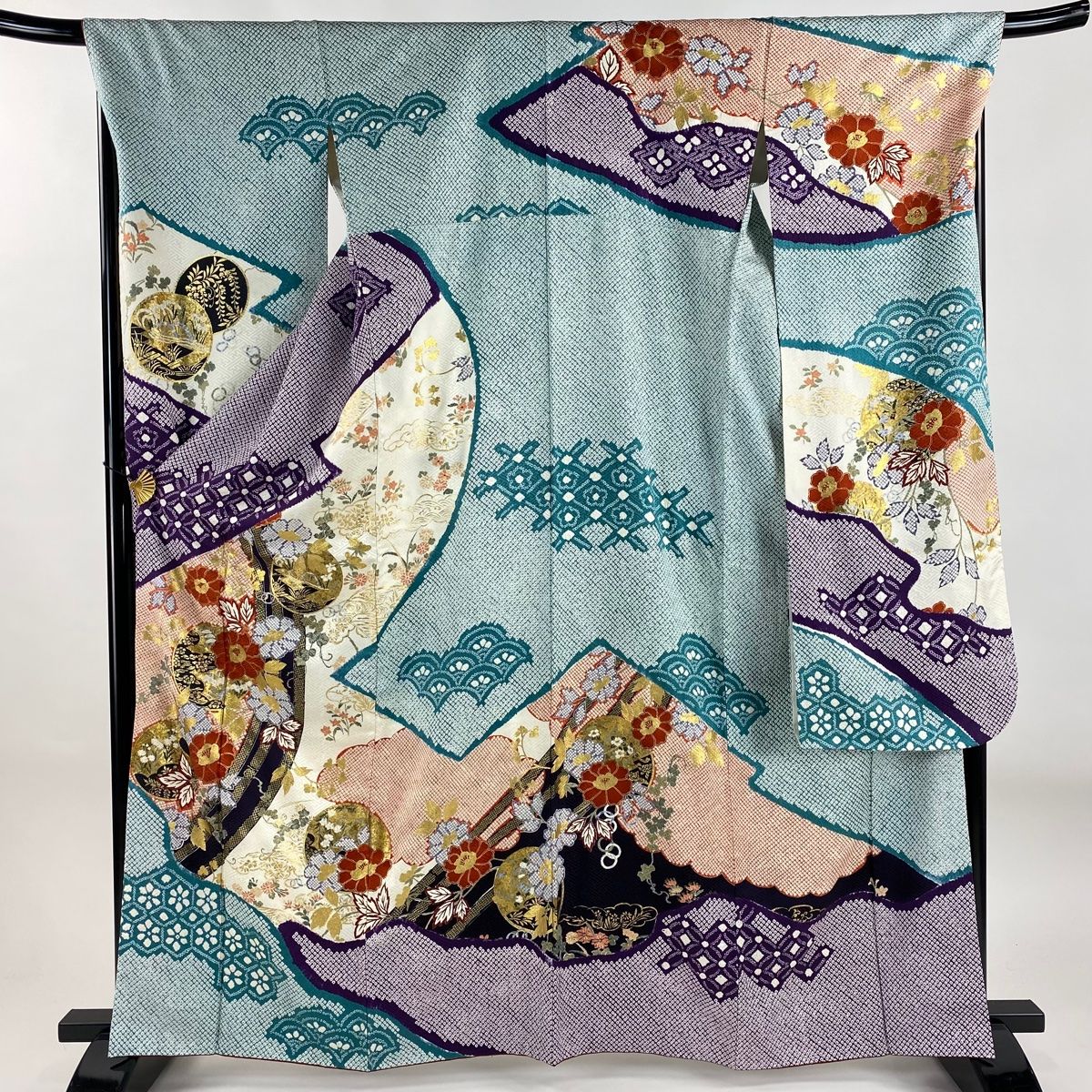 振袖 身丈163cm 裄丈69cm L 袷 草花 丸文 金彩 染め分け 青緑 正絹 秀品