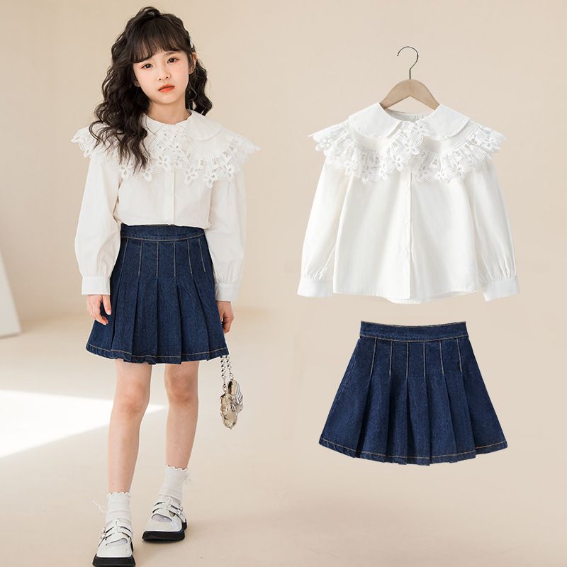 子供服 セットアップ ブラウス デニムスカート 2点セット 女の子 上下セット シャツ ジーンズ ガールズ 結婚式 発表会 卒業式 ジュニア 子供