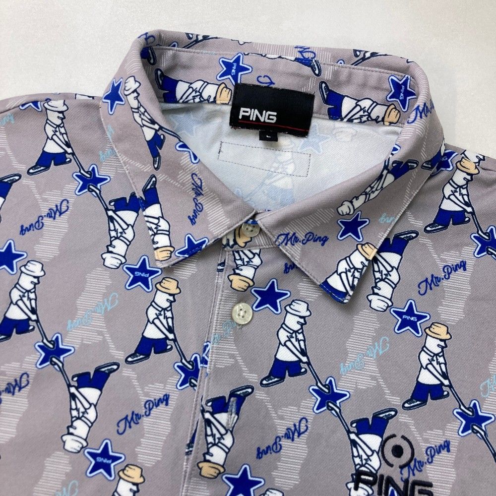 サイズ：L PING ピン 2024年モデル 半袖ポロシャツ 刺繍 総柄 グレー系