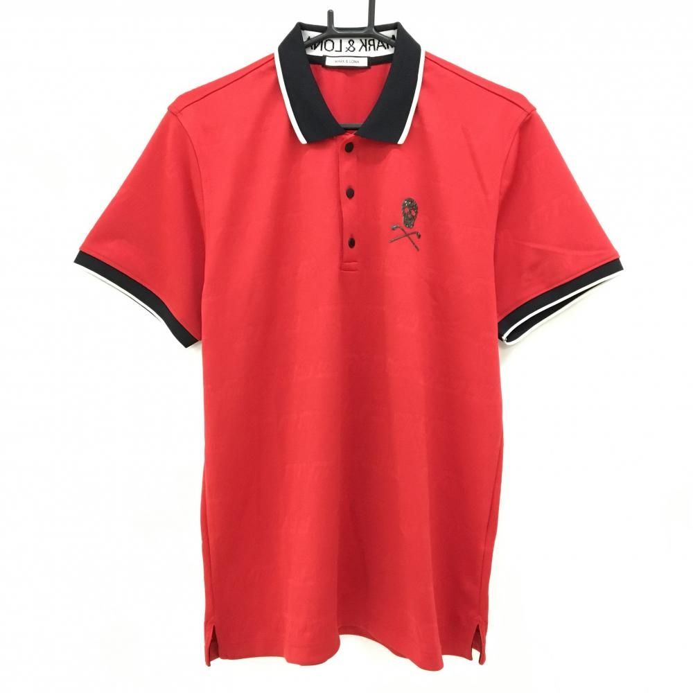 MARK&LONA マークアンドロナ　メンズポロシャツ　レッド マークアンドロナ 半袖ポロシャツ レッド ロゴ総柄織生地 スカル 襟黒
