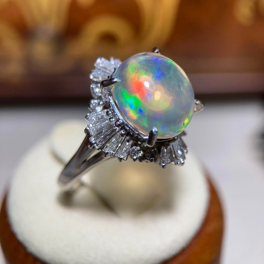pt900 陽刻 天然メキシコ産 ウォーターオパール 4.75ct ダイヤモンド 1.03ct ヴィンテージリング 指輪