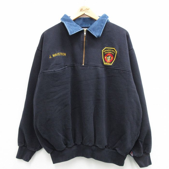 XL/古着 長袖 ハーフジップ スウェット メンズ 90s 消防署 ヒジ当て 襟デニム 大きいサイズ 黒他 ブラック 24may11 中古 スエット トレーナ