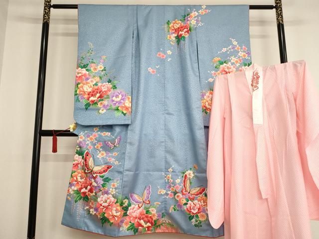 平和屋着物 七五三 女の子 ７歳 祝着 四つ身 長襦袢セット 舞蝶牡丹文 金彩 洗える着物 AAAU5323ja