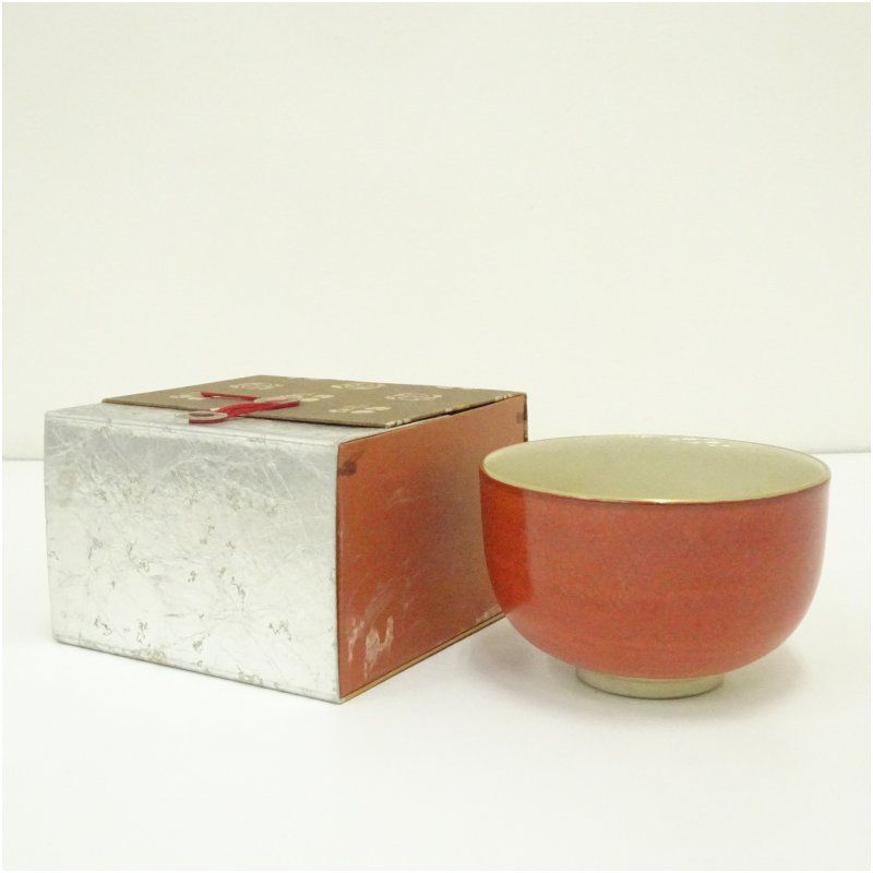 京焼 森里陶楽造 赤釉金彩富士図茶碗（箱付） 茶道 抹茶