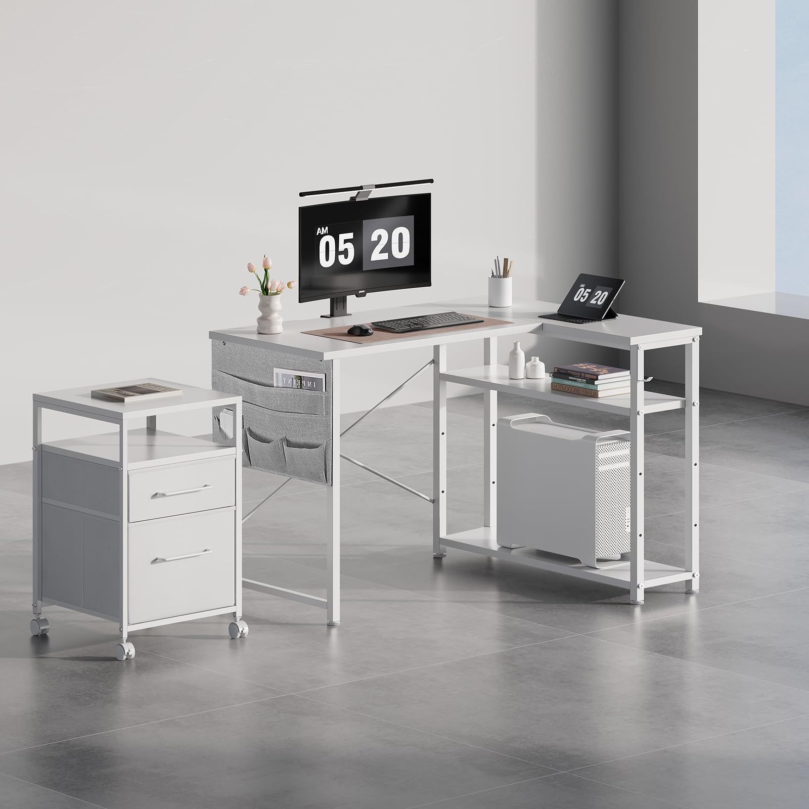 在宅ワークデスク L字型 作業机 棚板高さ調節 リモートワーク つくえ コーナーデスク desk ゲームデスク 幅99cm 右棚左棚 パソコンデスク ラック付き 勉強机 学習机 pcデスク 白い 机 l字デスク Maihail