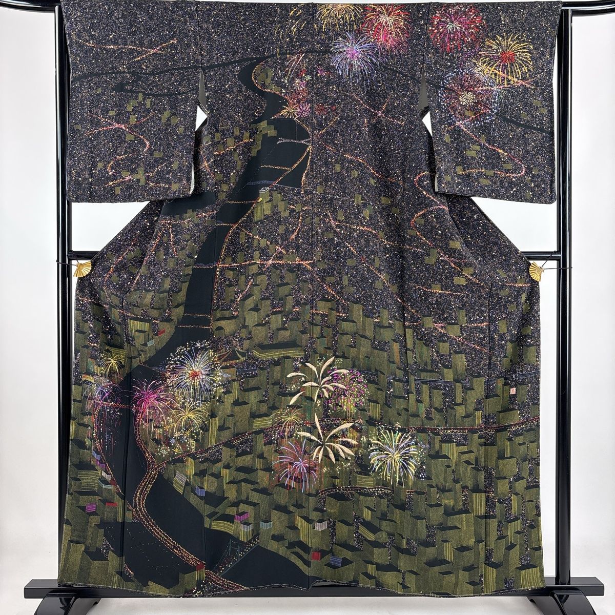 訪問着 身丈156cm 裄丈63.5cm S 袷 落款 夜景 花火 箔 黒 正絹