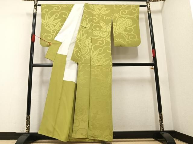 温もりのある 平和屋着物●上質な色無地 花唐草地紋 抹茶色 正絹 AABA7855ph