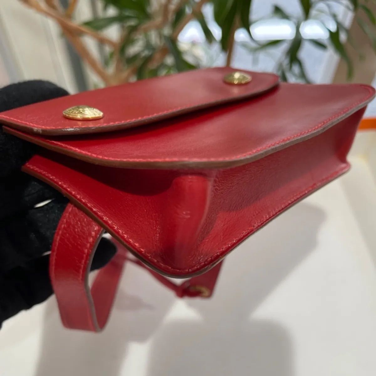 美品】HERMES エルメス ポシェットグリーン ボックスカーフ ルージュ 