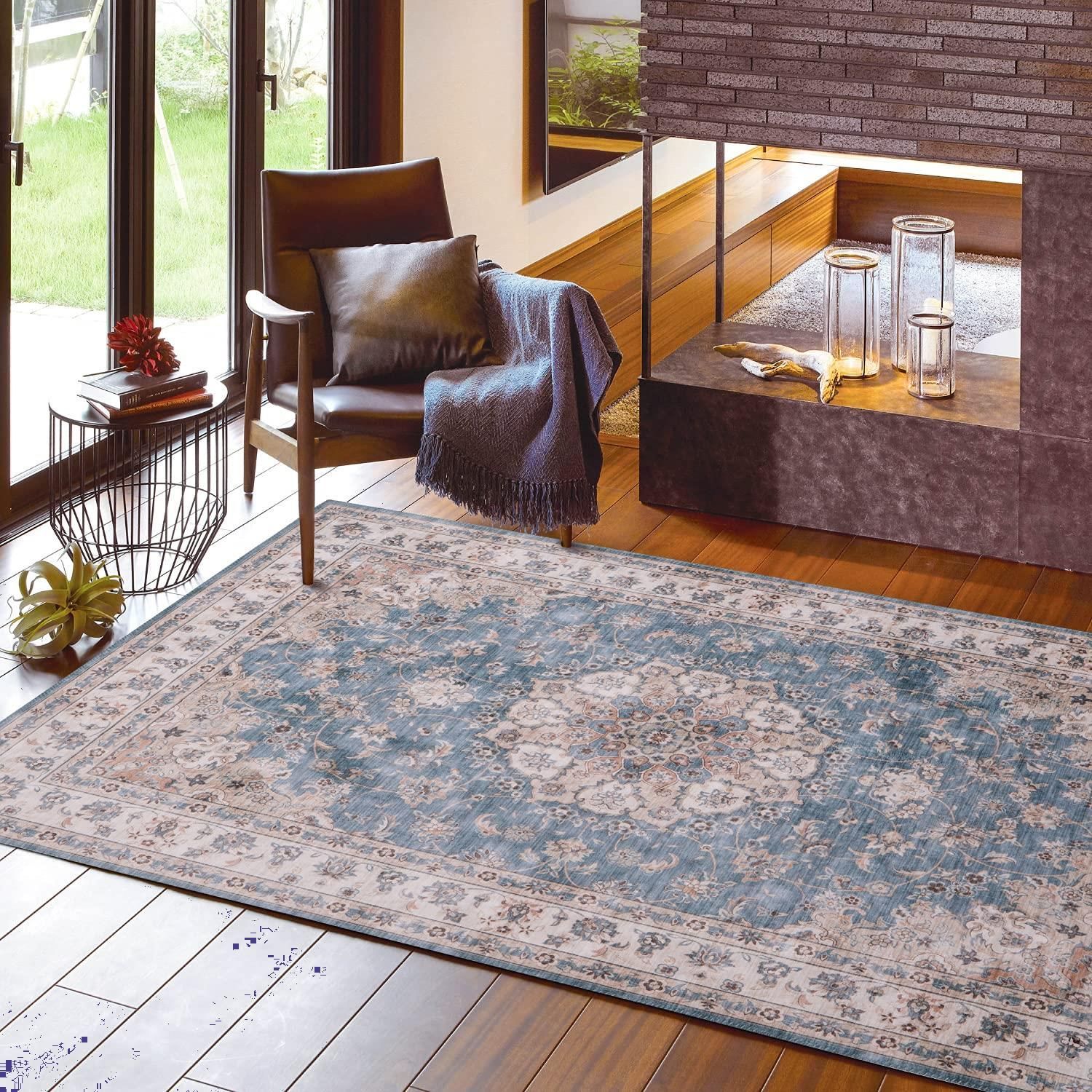 新着商品 約130×190cm ブルー カメオ 転写プリントラグ ラグ 洗濯機OK 滑りにくい加工付き 萩原 ホット対応