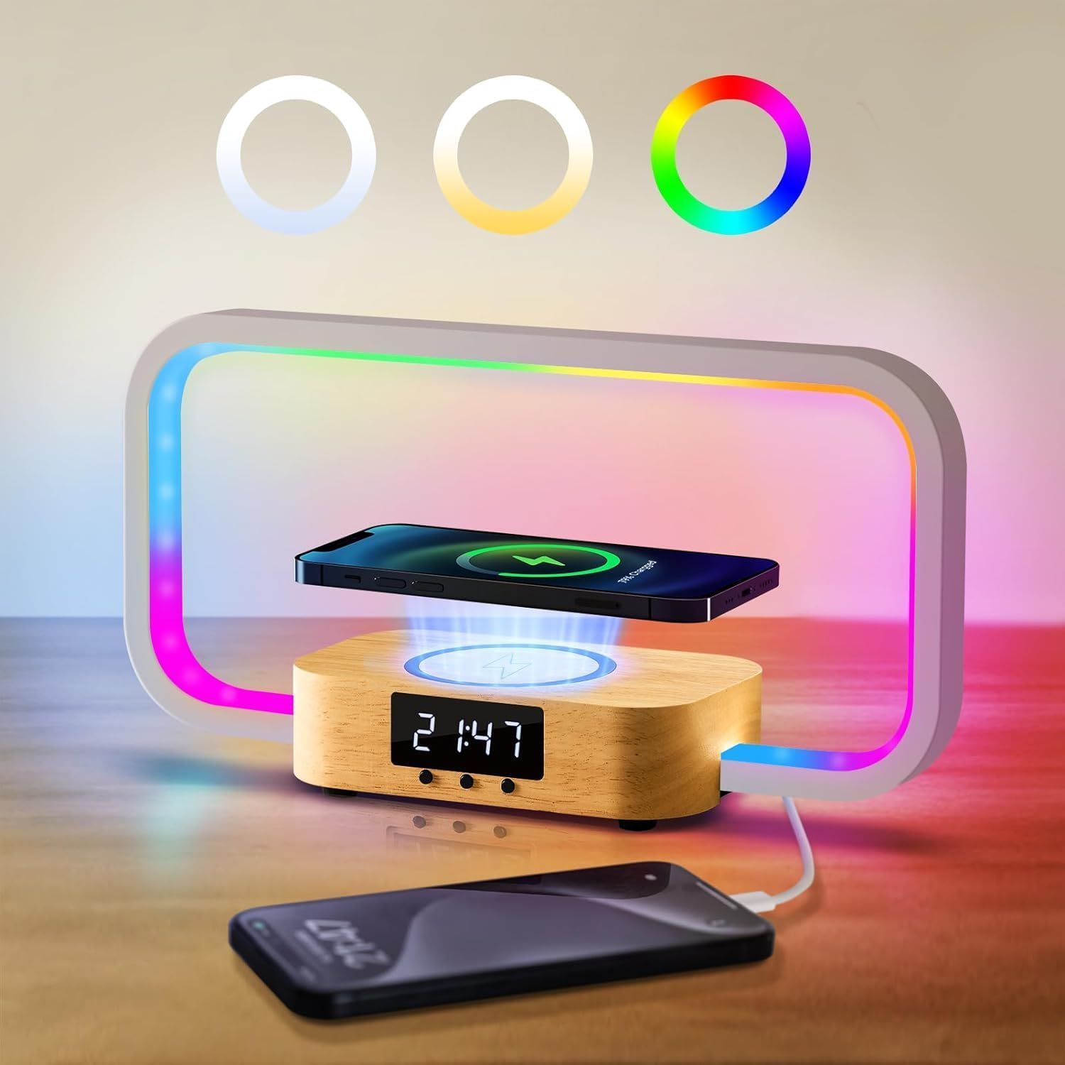 テーブルランプ RGB ワイヤレス充電 間接照明 7色＆無段階調光 時計付 卓上ライト 枕元ライト インテリアライト おしゃれ 置き型 デスクライト 電気スタンド 目に優しい ベッドサイドランプ 