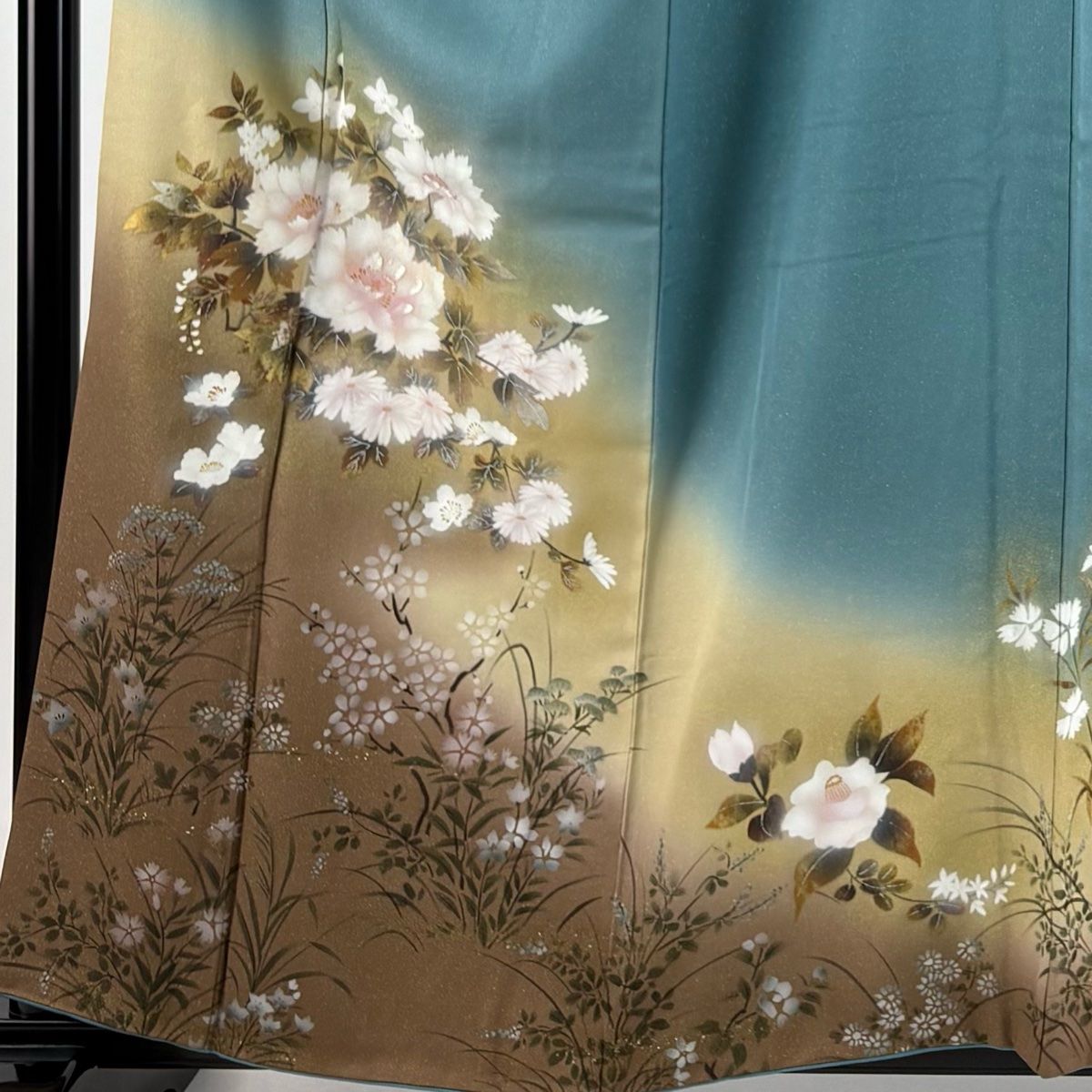 訪問着 身丈159cm 裄丈64cm M 袷 落款 牡丹 草花 金銀彩 金通し 灰緑 正絹 秀品