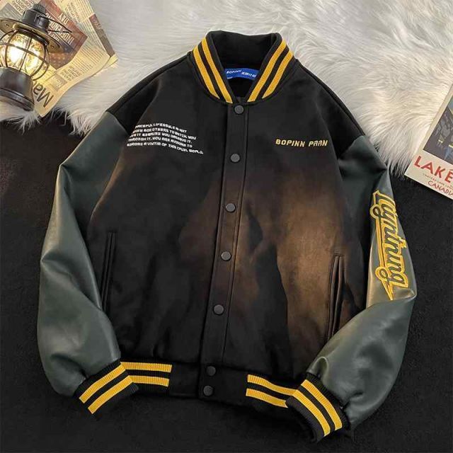 メンズ ファッション 服 男性用 オシャレ シンプル 大人 かっこいい 大きいサイズ ストリート 紳士服 スエード スリーブジャケット アメリカン レトロ ヒップ ホップ レター 刺繍 スタンドカラー ユニフォーム
