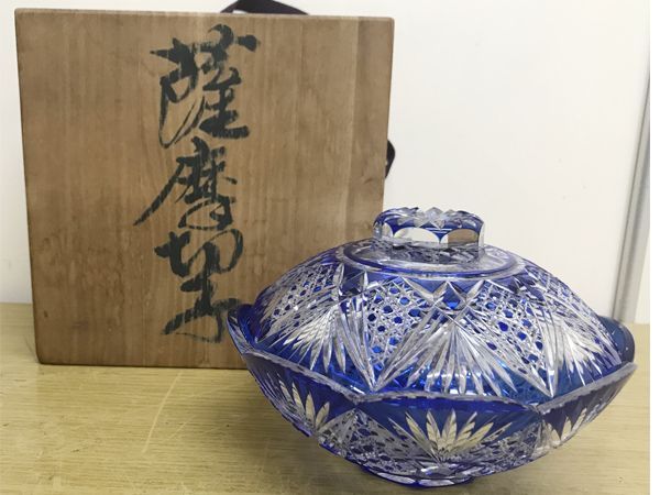 薩摩切子 菱宝切子 蓋付鉢 蓋物 共箱