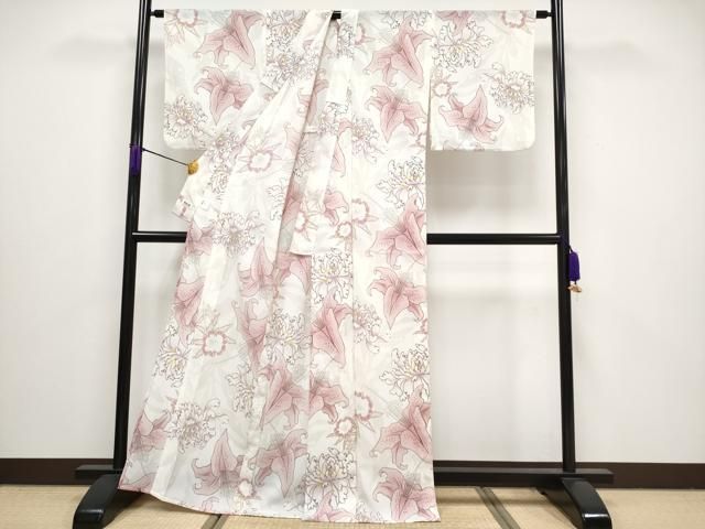 平和屋着物 上 夏物 撫松庵 小紋 浴衣兼用 セオアルファ 舞花文 白地 洗える着物 CYAA3114s5