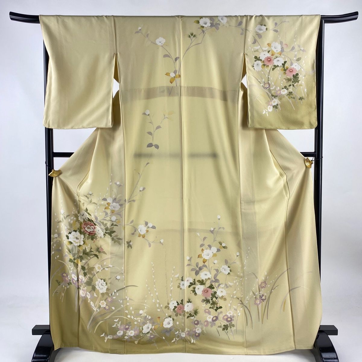 訪問着 身丈170.5cm 裄丈66.5cm M 袷 牡丹 草花 ぼかし 薄黄 正絹 名品