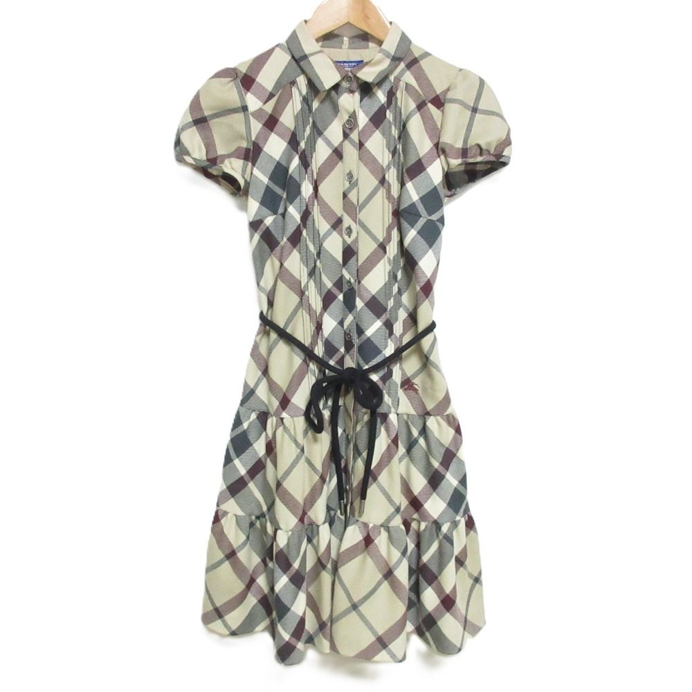 BURBERRY BLUE LABEL バーバリーブルーレーベル ノバチェック柄 ひざ丈 フレンチスリーブ プリーツシャツワンピース 36 ベージュ レディース 古着