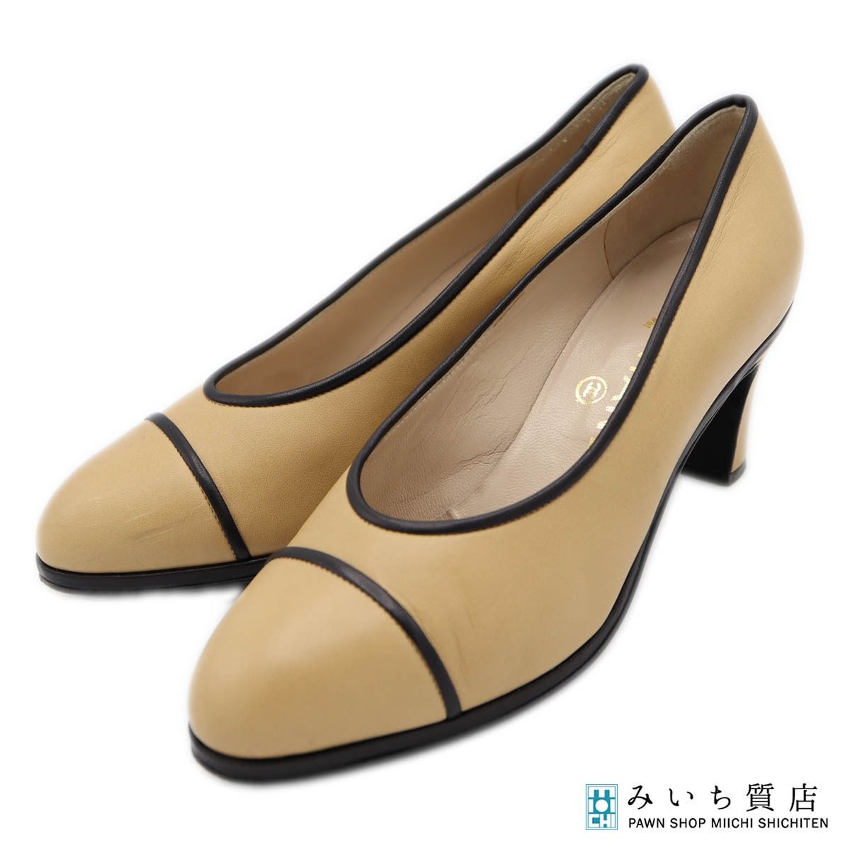 CHANEL シャネル ヒール パンプス 靴 ベージュ×ブラック 35 1/2 約22.5 