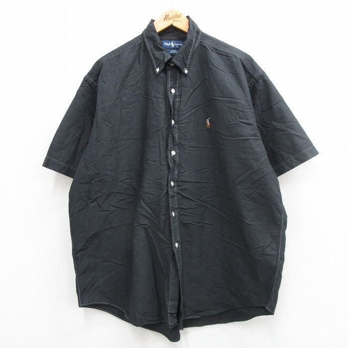 XL/古着 ラルフローレン 半袖 ブランド シャツ メンズ 90s ワンポイントロゴ BLAKE 大きいサイズ ロング丈 コットン ボタンダウン 黒 ブラ