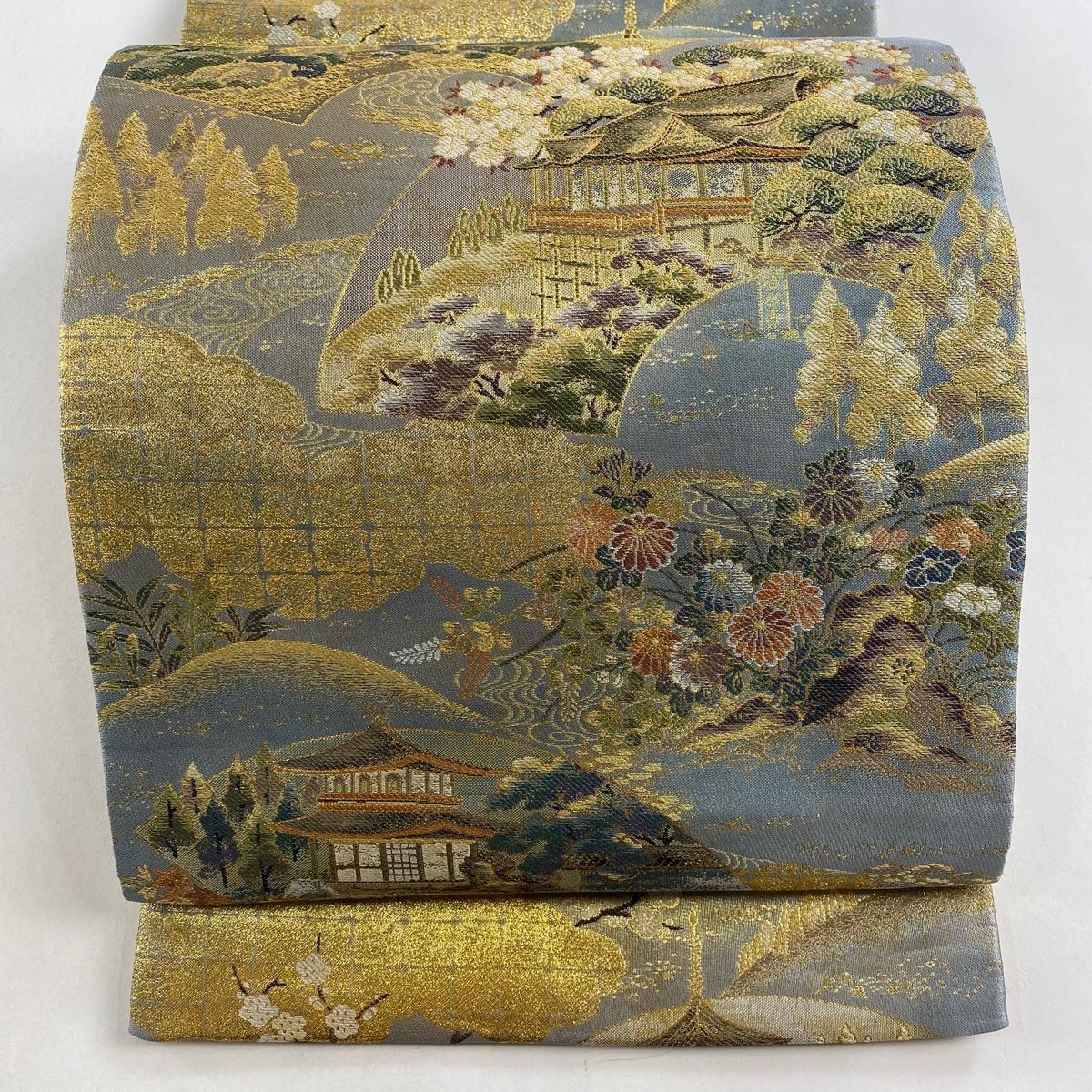 袋帯 名品 扇面 風景 箔 金糸 青灰色 六通 正絹 【中古】 - メルカリ