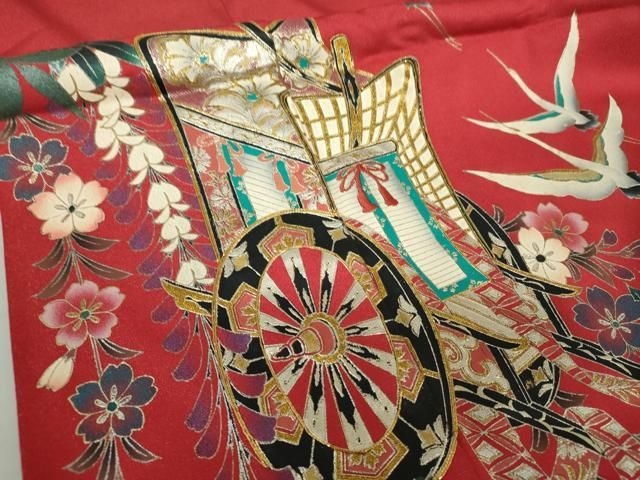 平和屋着物○豪華振袖 駒刺繍 飛鶴御所車花文 暈し染め 金銀彩