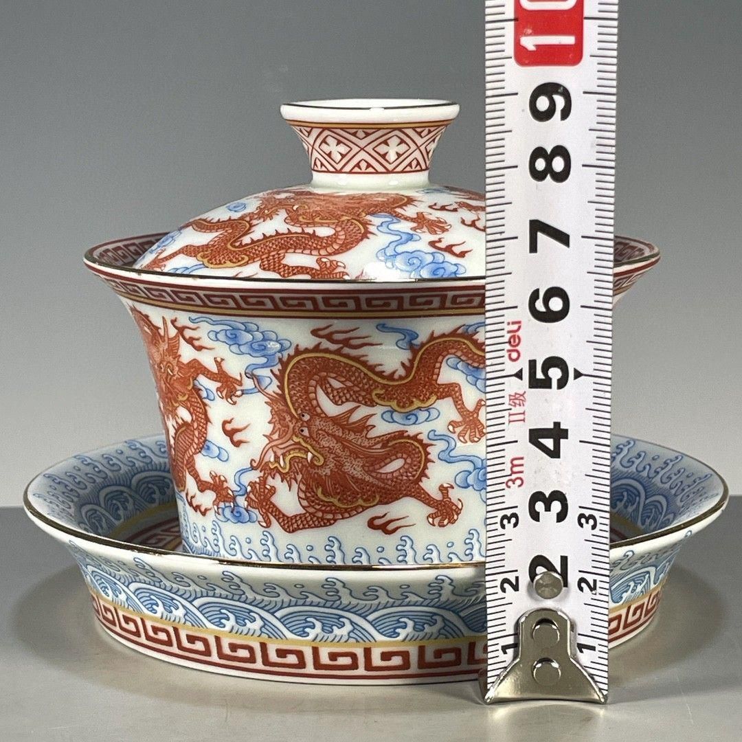 【保証書付】 中国茶器 景徳鎮 青花釉里紅竜紋三才蓋碗 茶杯 新品未使用 工芸品