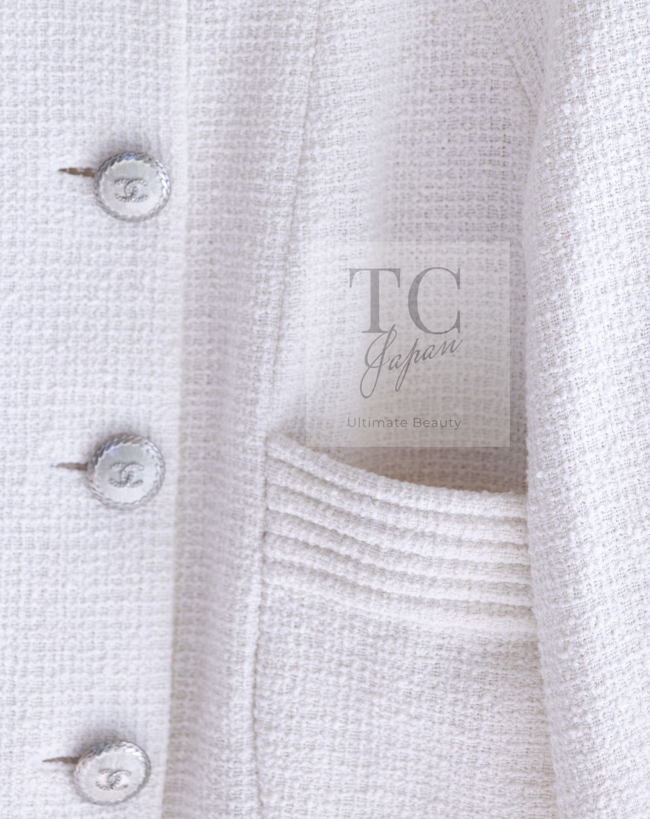 シャネル ジャケット CHANEL ホワイト コットン スタンド 襟 ツイード