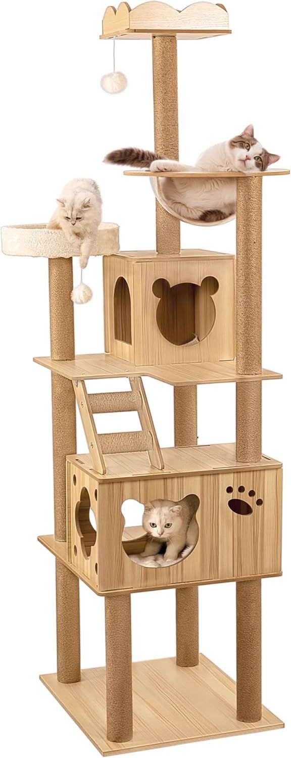 Petnniko キャットタワー 猫タワー 木製 高さ188cm 多頭飼い 大型猫 中型猫用 据え置き式 人気 安定性 スリム 爪とぎ 見晴台 展望台 宇宙船 省スペース おもちゃ付き 自由に上り下り ねこタワー 運動不足解消