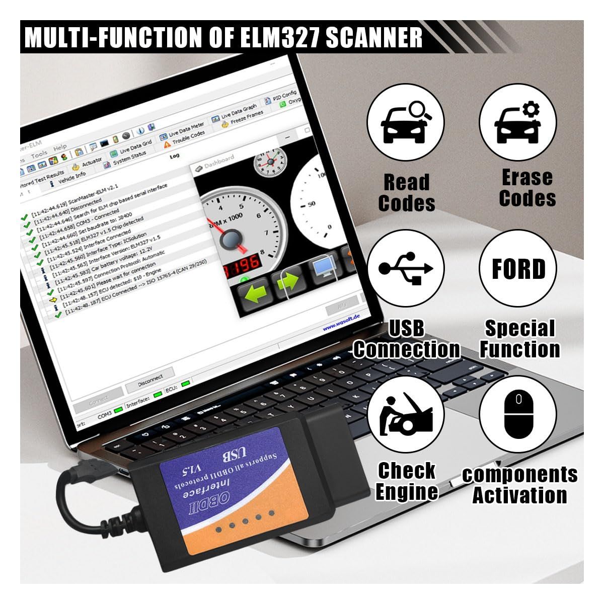 ELM327 OBD2 USBアダプター、フォードリンカーンマツダマーキュリー車両用診断コーディングツール、ELMconfigスキャナーOBDIIスキャンツール MS-CAN/HS-CANスイッチ付き Windows用 