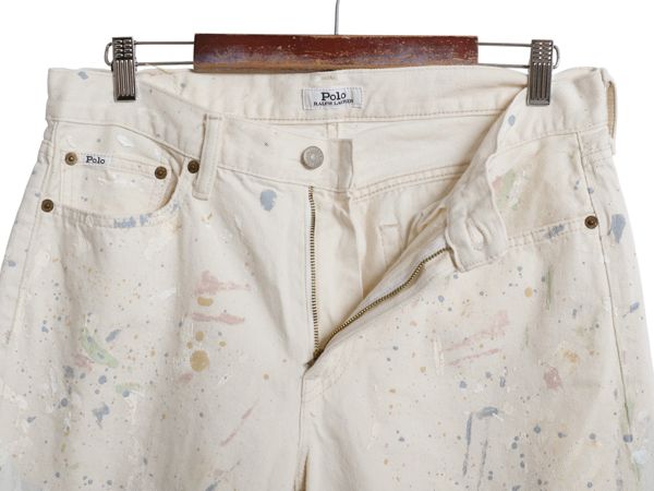 なクーポン配布中! ペンキ 加工 ポロ ラルフローレン ホワイト デニム パンツ レディース L 程 メンズ 実寸 33 ジーンズ ジーパン ストレート ボーイフレンド
