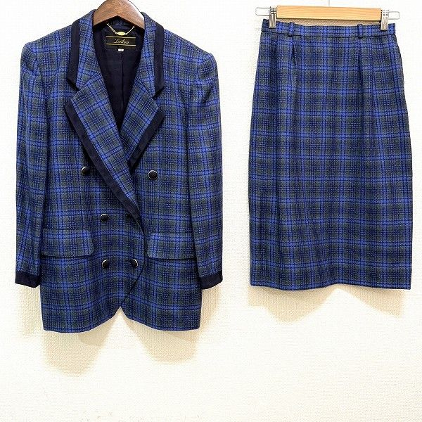 wnc レリアン Leilian スカートスーツ 9 青系 セットアップ ツーピース チェック レディース 965623