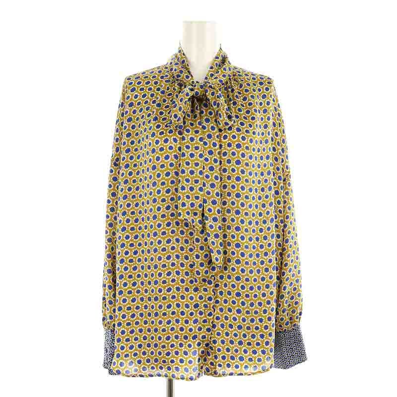 ザラ ZARA フラワープリント タイカラー シャツ 長袖 サテン ボウタイ 
