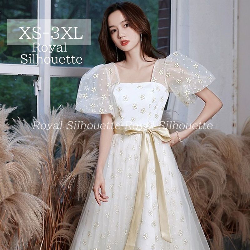 ナイトドレス パーティー ドレス ホワイト 白 花柄 パフスリーブ 結婚式 大きいサイズ ドレス 謝恩会 S M L XL LL 2XL XXL 3XL XXXL パーティー 姫系 発表会 披露宴 プリンセス ロング丈 フェミニン 食事会 ジッパー リボン